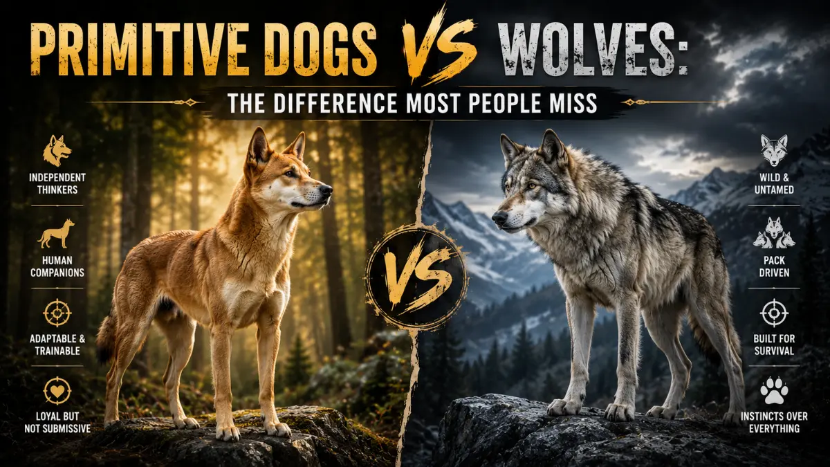 Primitive dogs and wolves side-by-side