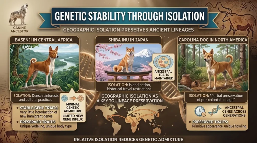 Infographic on dog genetics titled Genetic Stability Through Isolation featuring Basenji, Shiba Inu, and Carolina Dog breeds.