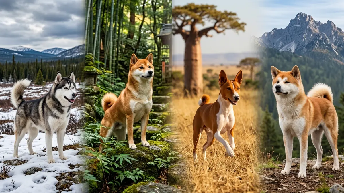 Primitive dog breeds comparison including Basenji, Shiba Inu, Akita, and Carolina Dog