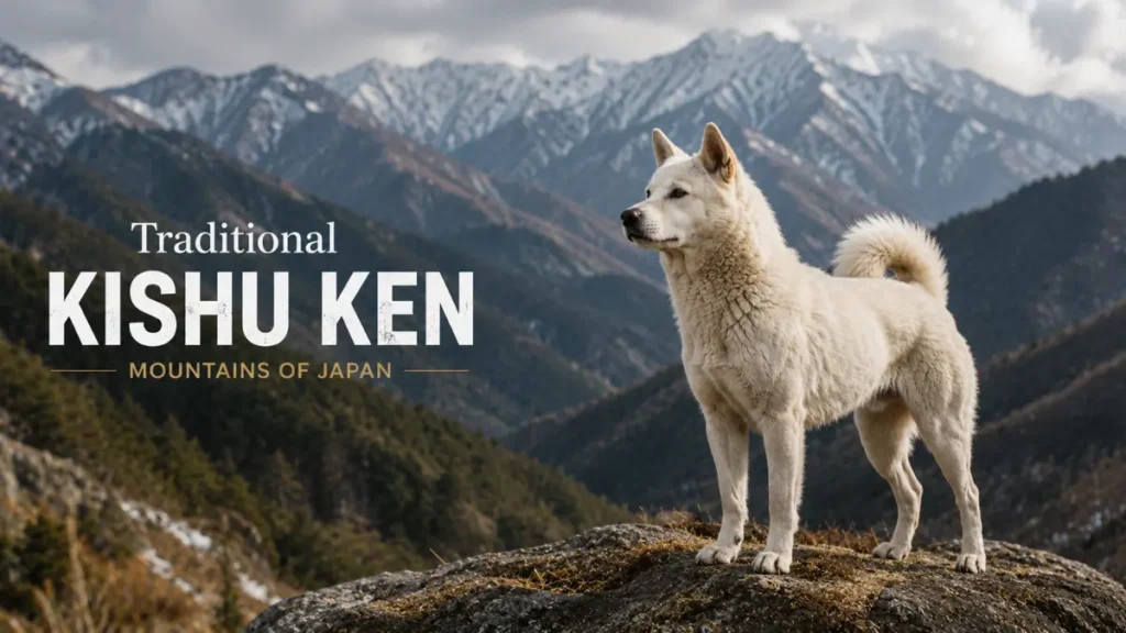 Traditional Kishu Ken standing on a rocky mountain overlooking the rugged mountains of Japan