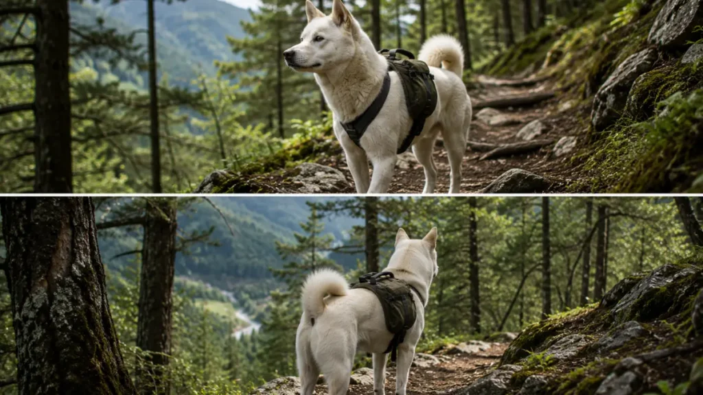 Kishu Ken hiking or running on a forest trail