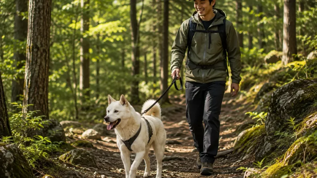 Kishu Ken with its owner during an outdoor walk