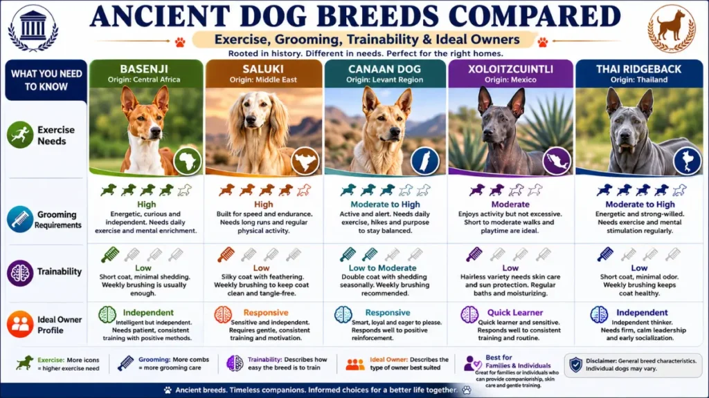 Infographic comparing exercise needs, grooming requirements, trainability, and ideal owner profiles for the major ancient dog breed groups
