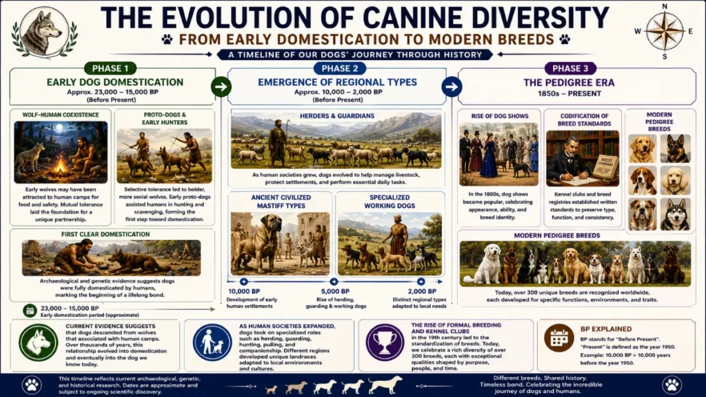 Timeline illustrating dog domestication, the emergence of regional dog populations, and the later development of modern pedigree breeds.