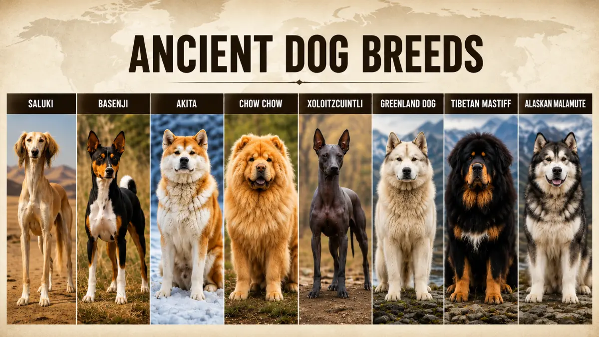 A wide collage featuring the Saluki, Basenji, Akita, Chow Chow, Xoloitzcuintli, Greenland Dog, and Tibetan Mastiff