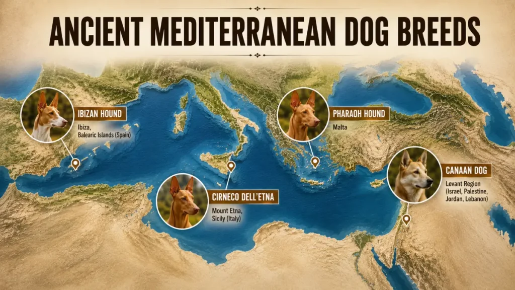 Mediterranean regional map highlighting the Canaan Dog, Pharaoh Hound, Ibizan Hound, and Cirneco dell'Etna.