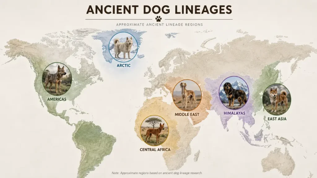 World map highlighting major regions associated with ancient dog lineages, including the Middle East, Central Africa, East Asia, the Himalayas, the Arctic, and the Americas.