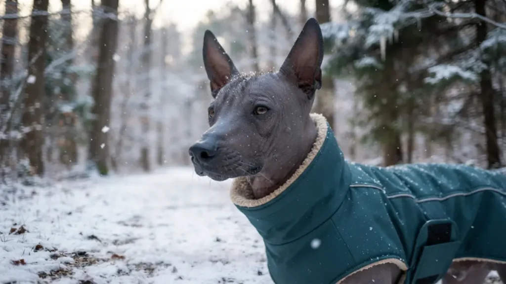 Hairless dog wearing a properly fitted winter coat.