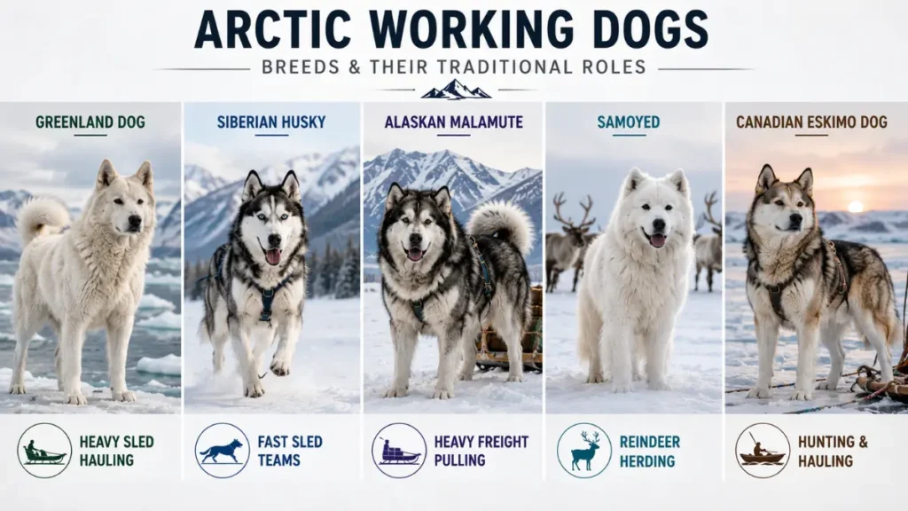 Comparison graphic showing the Greenland Dog, Siberian Husky, Alaskan Malamute, Samoyed, and Canadian Eskimo Dog with their traditional working roles.