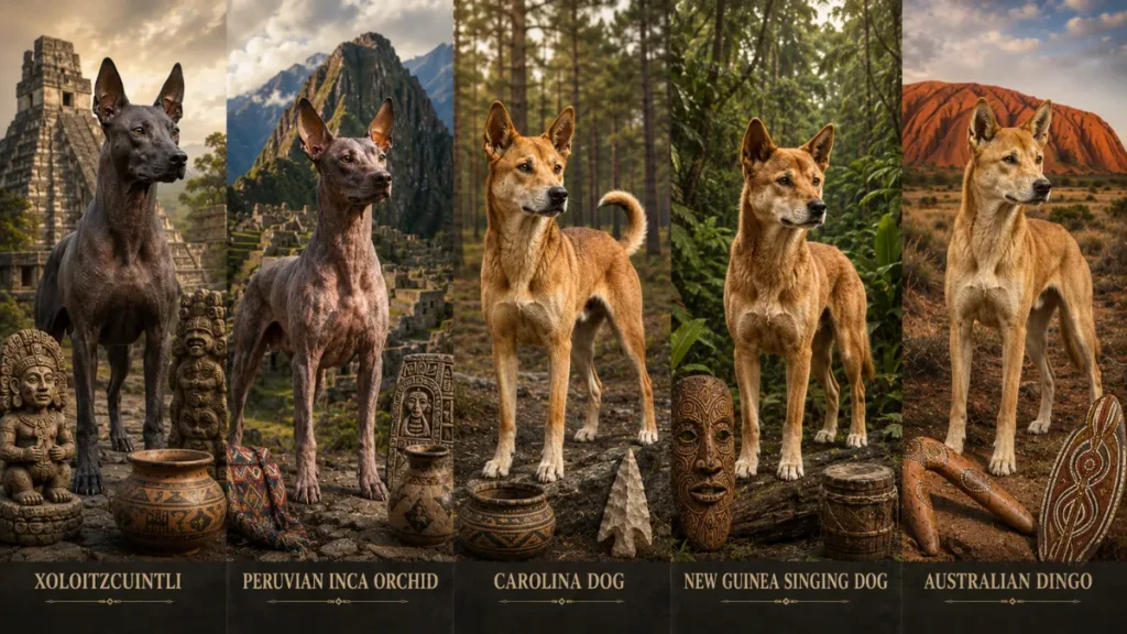 Collage featuring the Xoloitzcuintli, Peruvian Inca Orchid, Carolina Dog, New Guinea Singing Dog, and Australian Dingo alongside artifacts representing their historical regions.