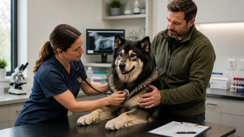 Veterinarian performing health testing on a primitive dog breed