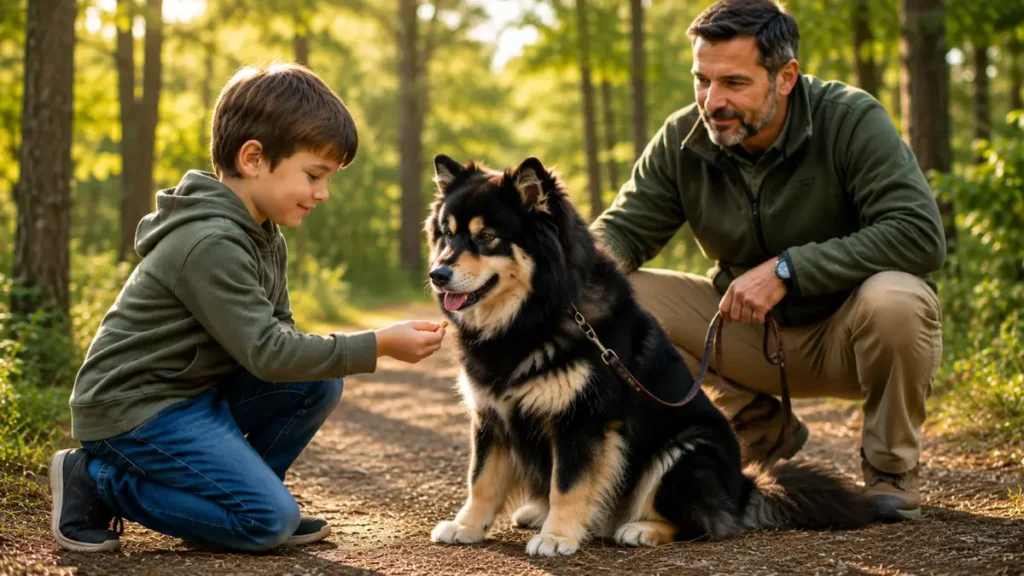 Primitive dog interacting safely with children under adult supervision
