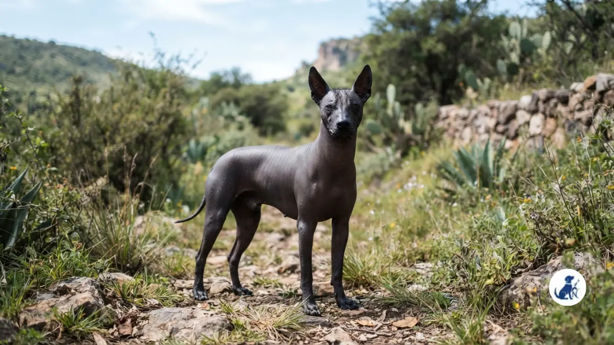 Adult hairless Xoloitzcuintli dog standing outdoors