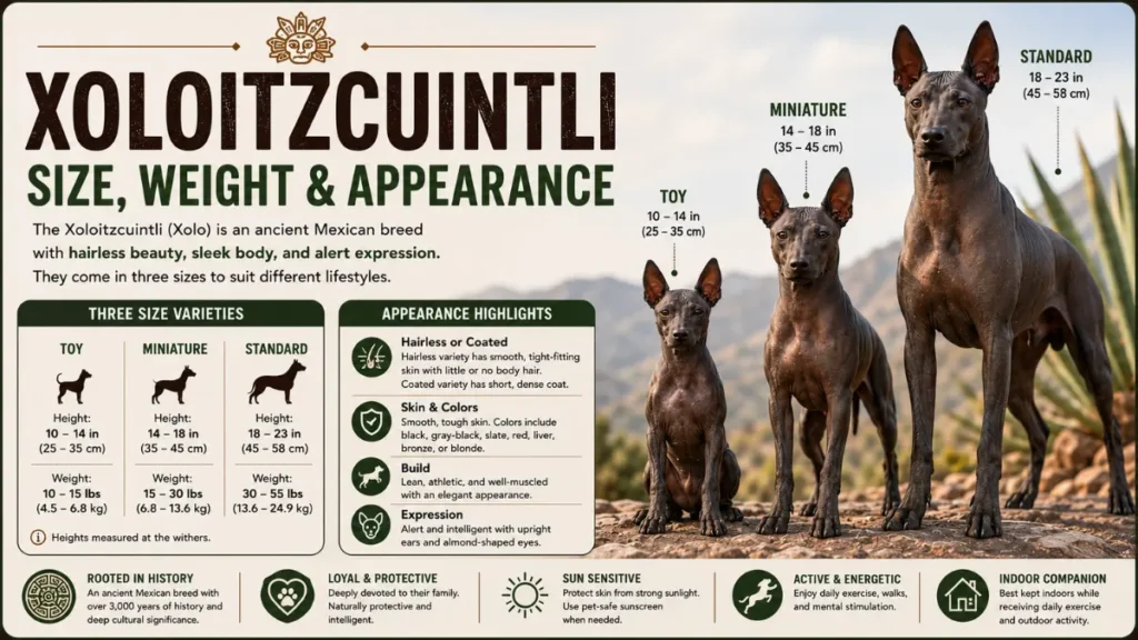 Toy, Miniature, and Standard Xoloitzcuintli size comparison