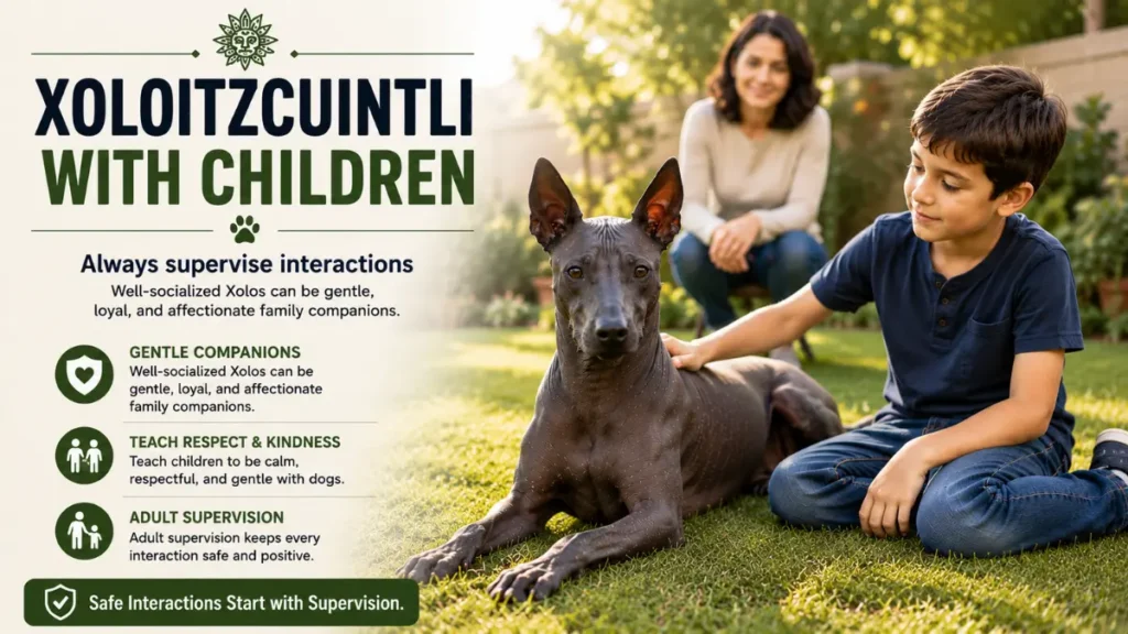 Xoloitzcuintli dog with a child under adult supervision